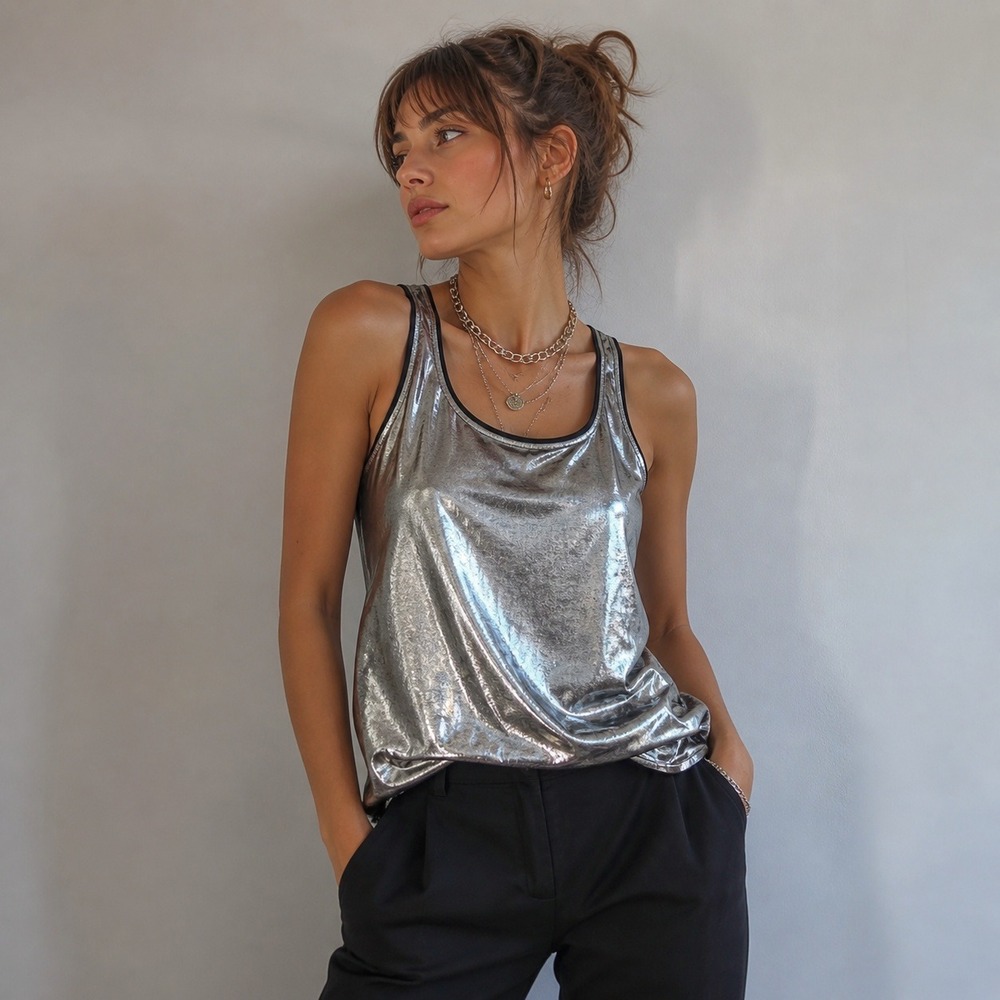 Vintage 80s Avon Fashions Metallic Tank Top Silver Retro Disco Women's Large